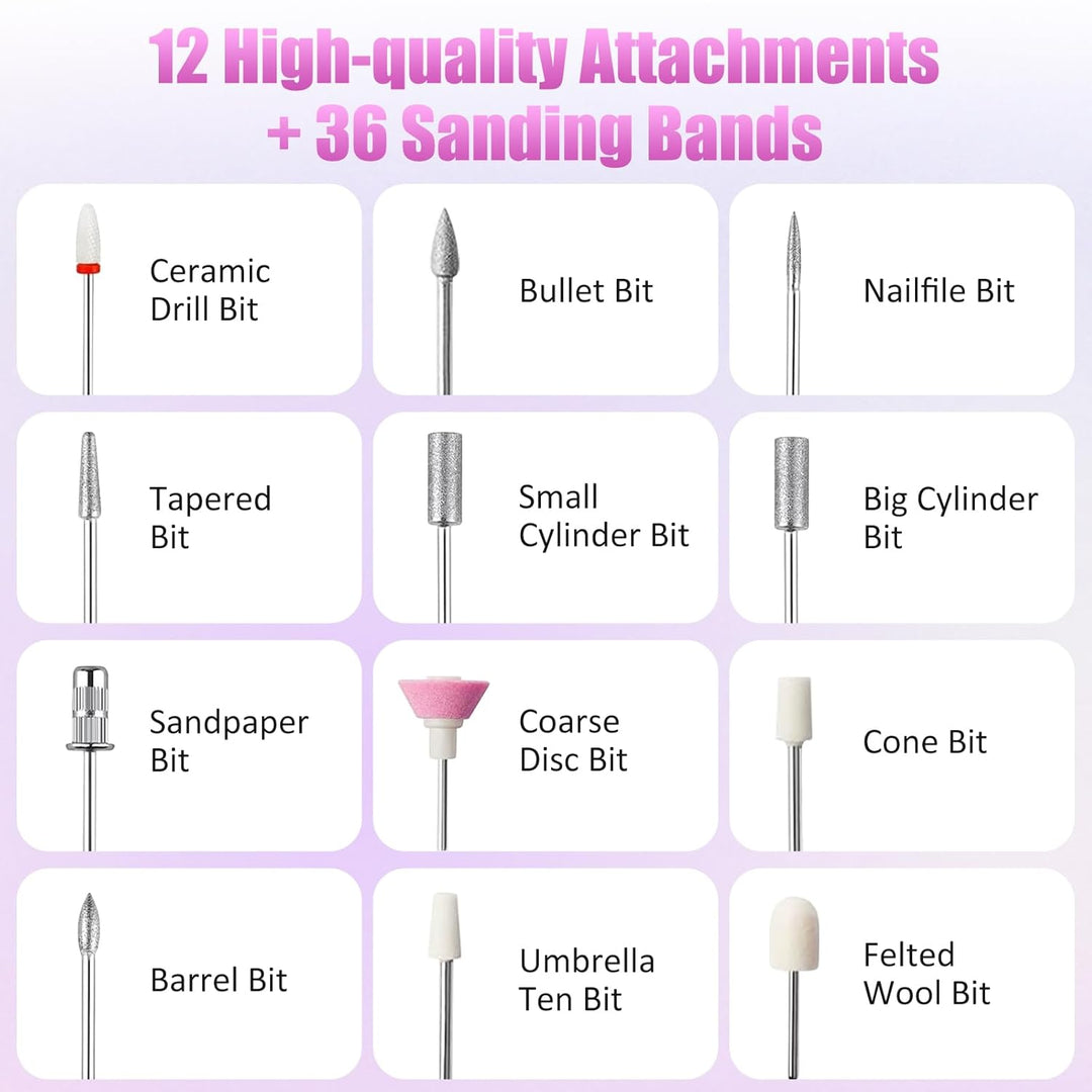 Nagelfräser Kabellos, 12 in 1 Fräser für Gelnägel, Elektrische Nagelfeile Professionell Nail Drill,