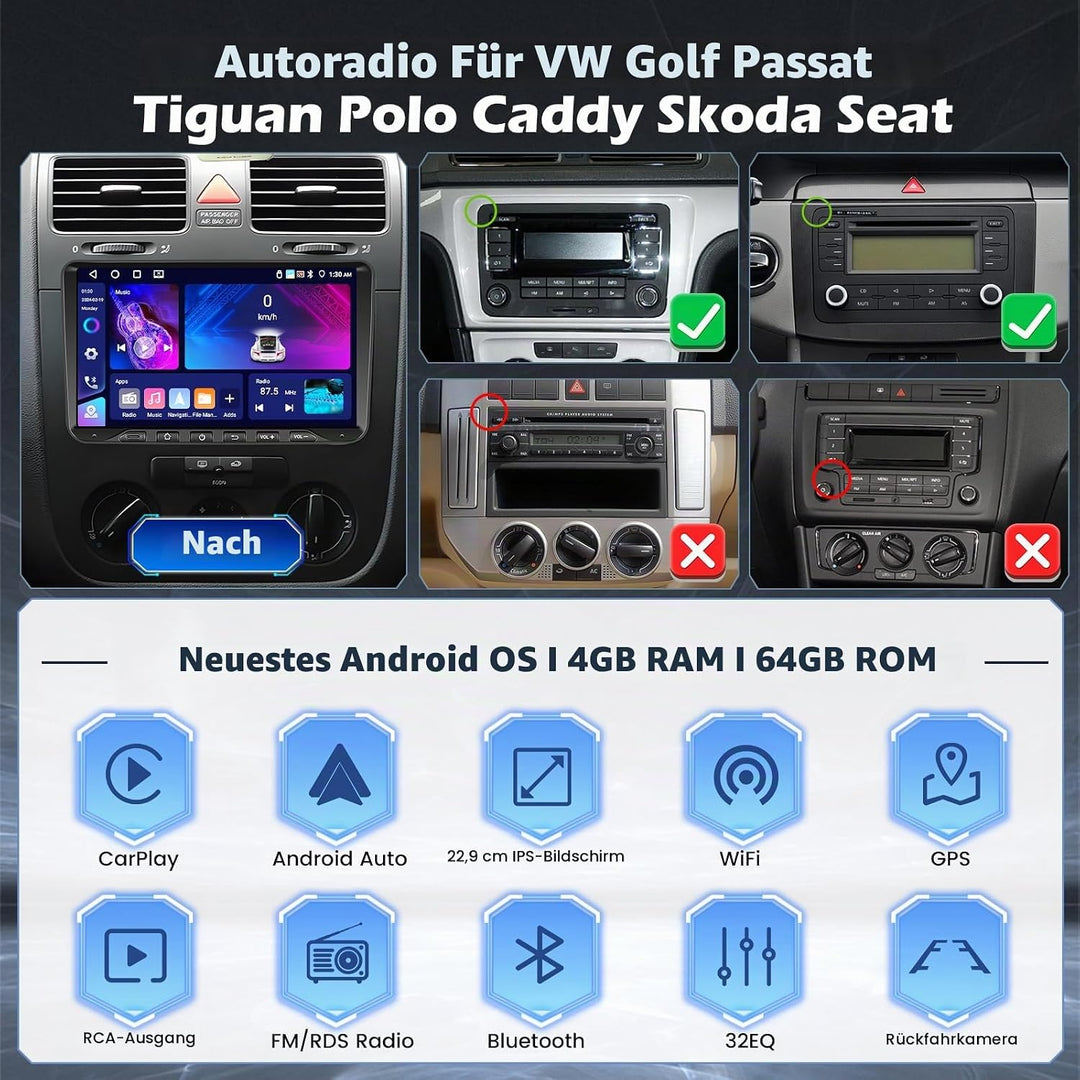 Hikity 4G+64G Android 15 Autoradio für VW Golf Polo Tiguan Caddy Touran Radio 2 Din Wireless Carplay