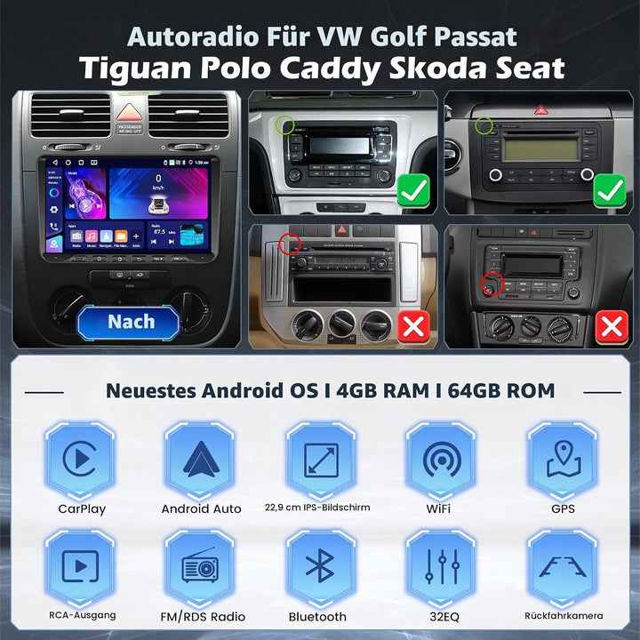Hikity 4G+64G Android 15 Autoradio für VW Golf Polo Tiguan Caddy Touran Radio 2 Din Wireless Carplay