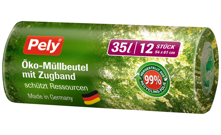 Pely Öko-Müllbeutel mit Zugband 35 Liter Vorteilspack 11 x 12 Stück, aus 99% Recycling Material, für