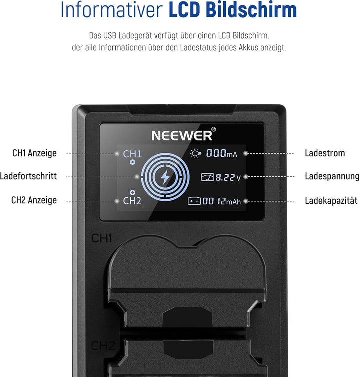 NEEWER NP-W235 Kamera Akkuladegerät Set, Doppel Steckplatz USB Ladegerät mit LCD, 2er Pack 2400mAh E