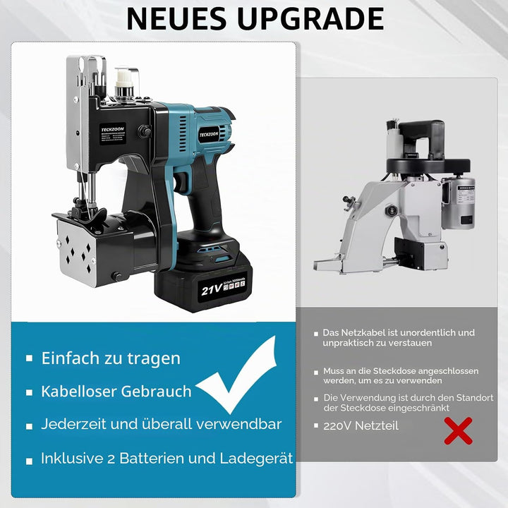 Elektrische Sacknähmaschine,Tragbare Akku Taschennähmaschine mit 2 Batterie, Stichlänge: 7–11mm, Näh