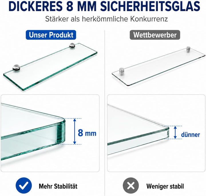 Randaco 2X Glasablage Glasregal, Glas Glasablage Klarglas mit Wandhalterung&amp;8mm ESG Sicherheitsglas