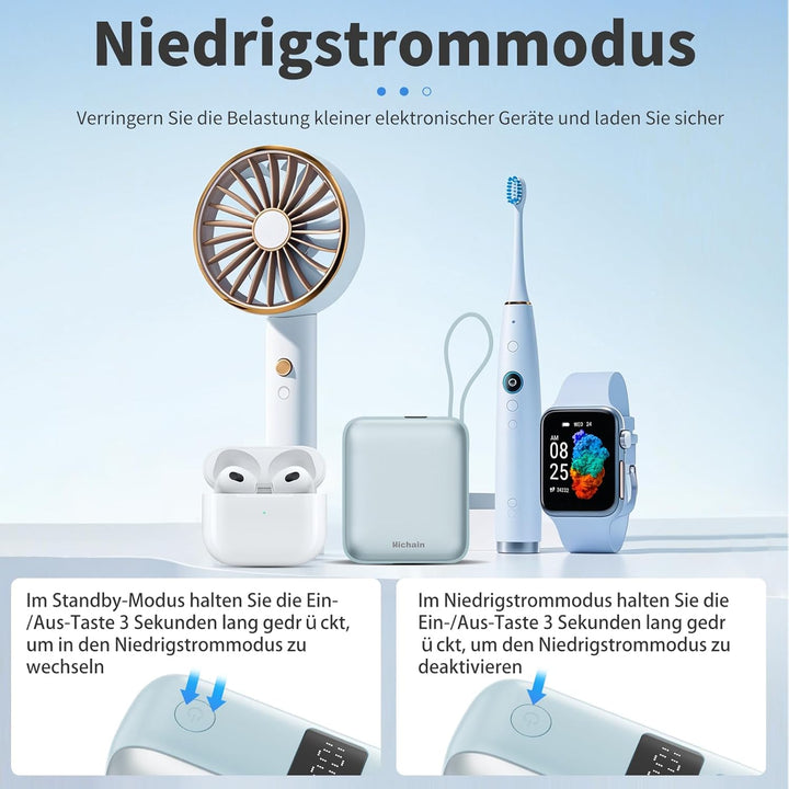 Hichain Power Bank Klein, 10000mAh 22,5W Powerbank USB C Schnellladen mit Integriertem USB-C Kabel,