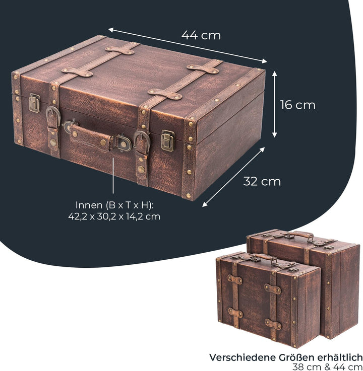 HMF Vintage Deko Koffer aus Holz, Aufbewahrungsbox mit Deckel und Ledergriff, stilvolle Aufbewahrung
