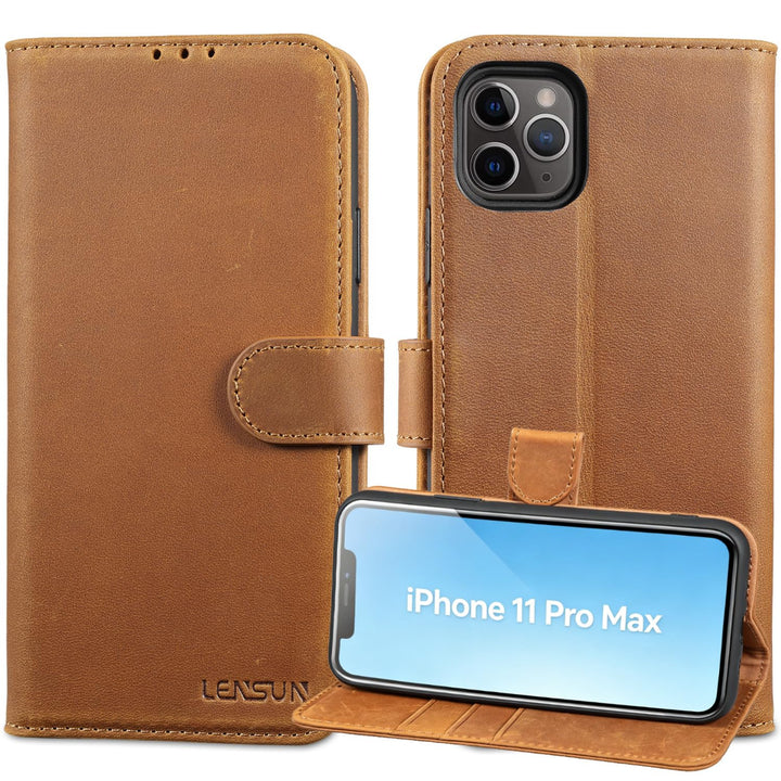 LENSUN Echtleder Hülle für iPhone 11 Pro Max, Handyhülle [Echtes Leder][Magnetverschluss][RFID Schut
