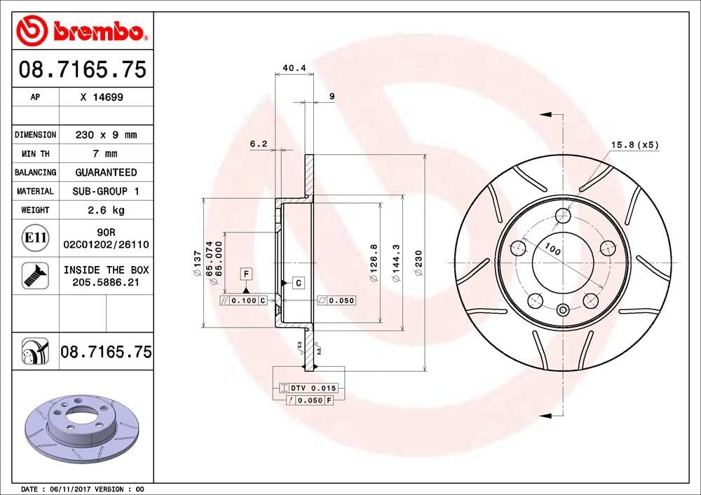 Brembo 08.7165.75 Hintere Bremsscheibe, Anzahl 2 Single, Single