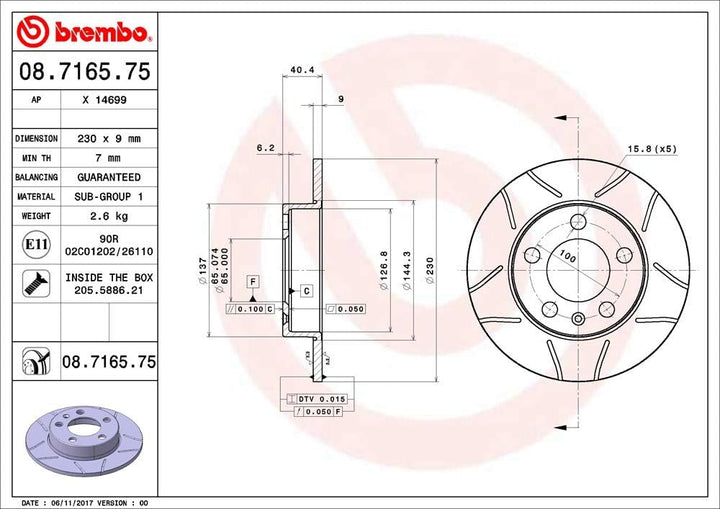 Brembo 08.7165.75 Hintere Bremsscheibe, Anzahl 2 Single, Single