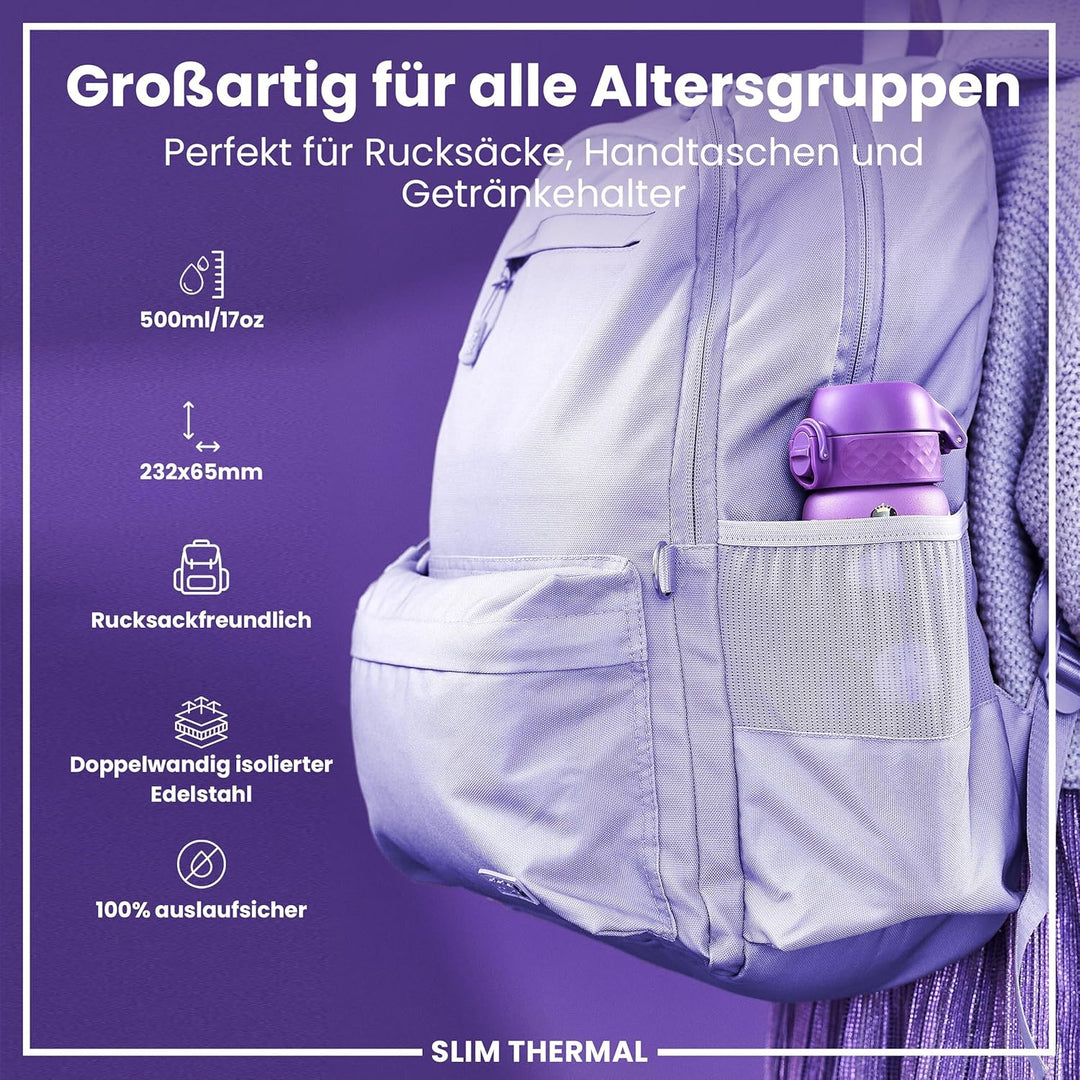 ion8 Vakuumisolierte Edelstahl-Trinkflasche, 500 ml, Auslaufsicher, Einhandöffnung, Sichere Verriege