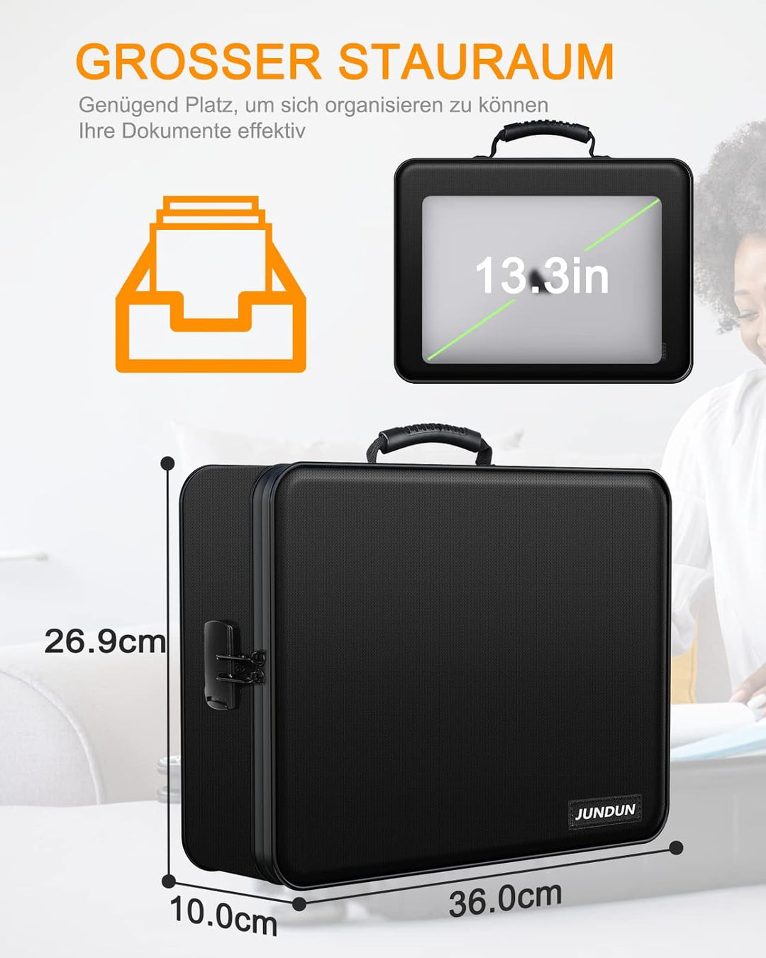 JUNDUN feuerfeste Dokumententasche mit Schloss, Aufbewahrungsbox mit 7 Fächern, Akten-Organizer, tra