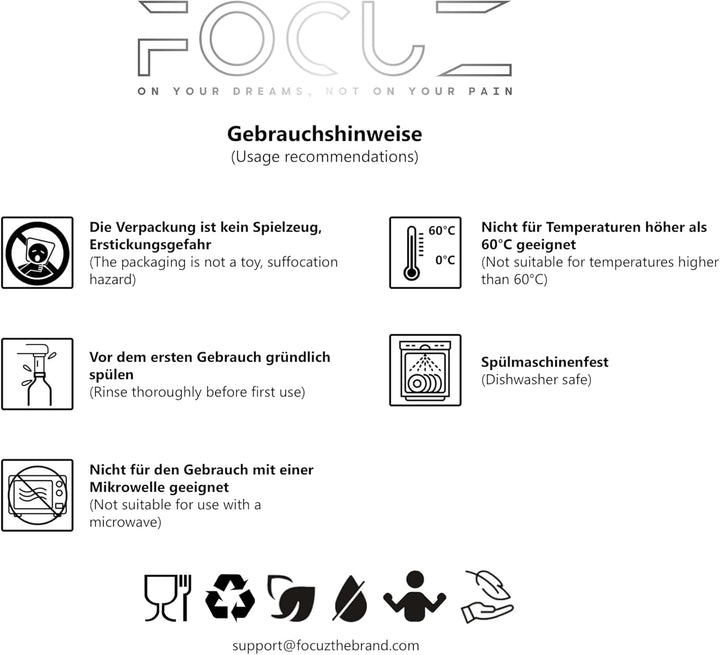 FOCUZ® Motivational Bottle 1 L [Schwarz] mit motivierender Zeitmarkierung, Trinkflasche 1l, 1 Liter