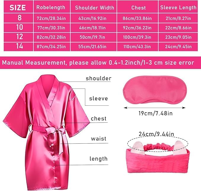 LYCN 10 Stück Spa Bademantel Mädchen, Satin Kimono Bademantel mit 10 Seiden-Augenmasken und 10 Haarb