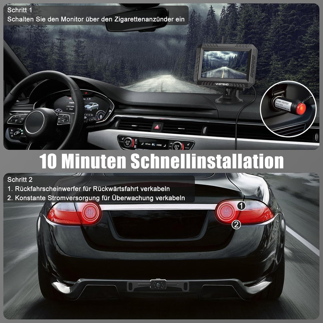 Rückfahrkamera Kabellos 5“, 1080P Nachtsicht Monitor Auto Rückfahrkamera Funk, 150° Weitwinkel IP69