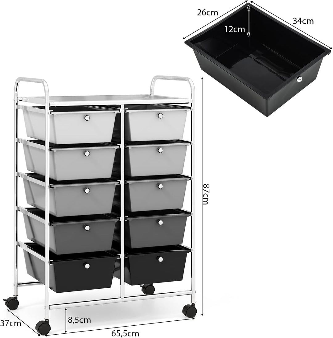 GOPLUS Rollwagen mit 10 Schubladen stapelbar, Rollcontainer mit Ablage & Metallgestell, Badregal, Au