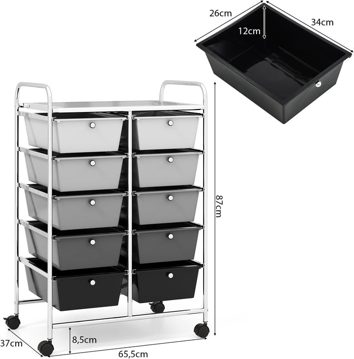 GOPLUS Rollwagen mit 10 Schubladen stapelbar, Rollcontainer mit Ablage & Metallgestell, Badregal, Au