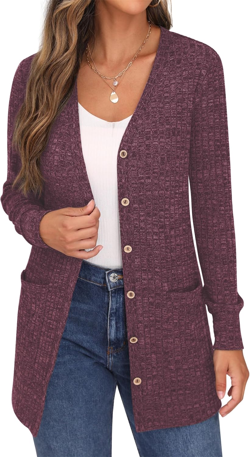 GRECERELLE Damen Leichte Strickjacke Lang mit Taschen und Knöpfen Long Elegant Cardigan V-Ausschnitt
