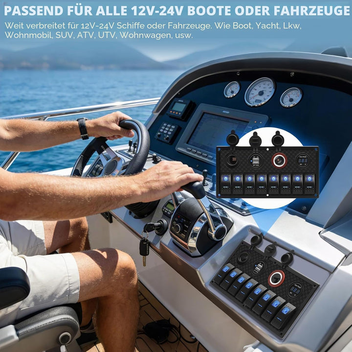 Geloo Marine Boat 8 Gang Schalter Panel Wasserdicht Toggle Rocker Zündschalter mit Voltmeter Display