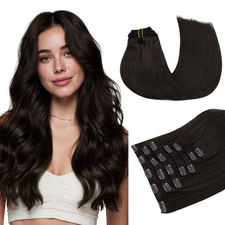 MAXITA Echthaar Extensions Clip, 40cm 16 Zoll 120g 7 Stück Dunkelbraun Clip in Extensions Echthaar N