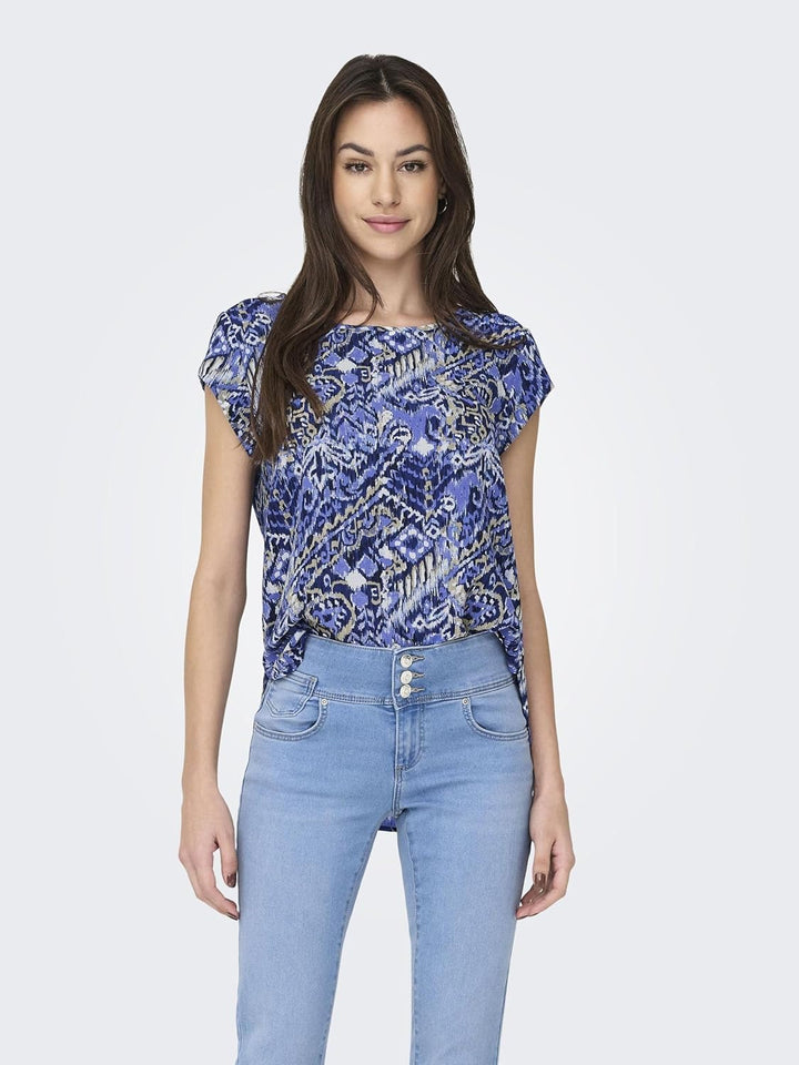 ONLY Damen Onlvic S/S Solid AOP Top Ptm T-Shirt, Blusenshirt, Kurzarm 36 Amparo Blue, 36 Amparo Blue