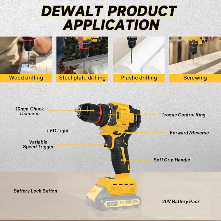 Akku-Bohrschrauber für DEWALT 20V Akkus,25+1Drehmoment Einstellung, Max. Drehmoment 60N-m, LED-Licht