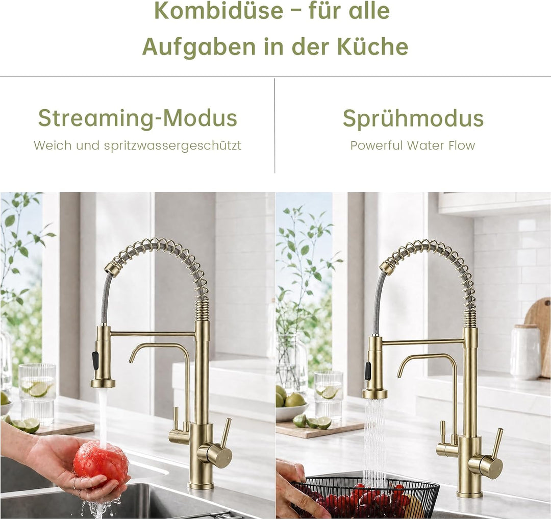 3 Wege Wasserhahn Küche, Gold Gebürstet 3 in 1 Wasserhahn Küche Ausziehbar | 360° Drehung Wasserhahn