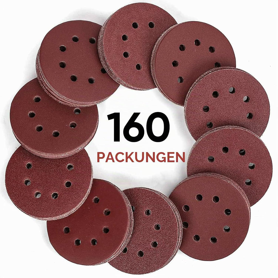 SHALL 160 Stück 125-mm-Schleifscheiben (Klettverschluss, 9 Typen, gemischte Körnung), 8-Loch, runde