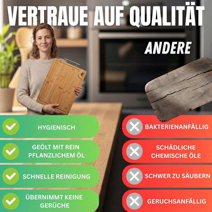 Doppelseitiges Schneidebrett Edelstahl & Bambus | Küchenbrett mit Saftrille & Metallgriff | Holzbret
