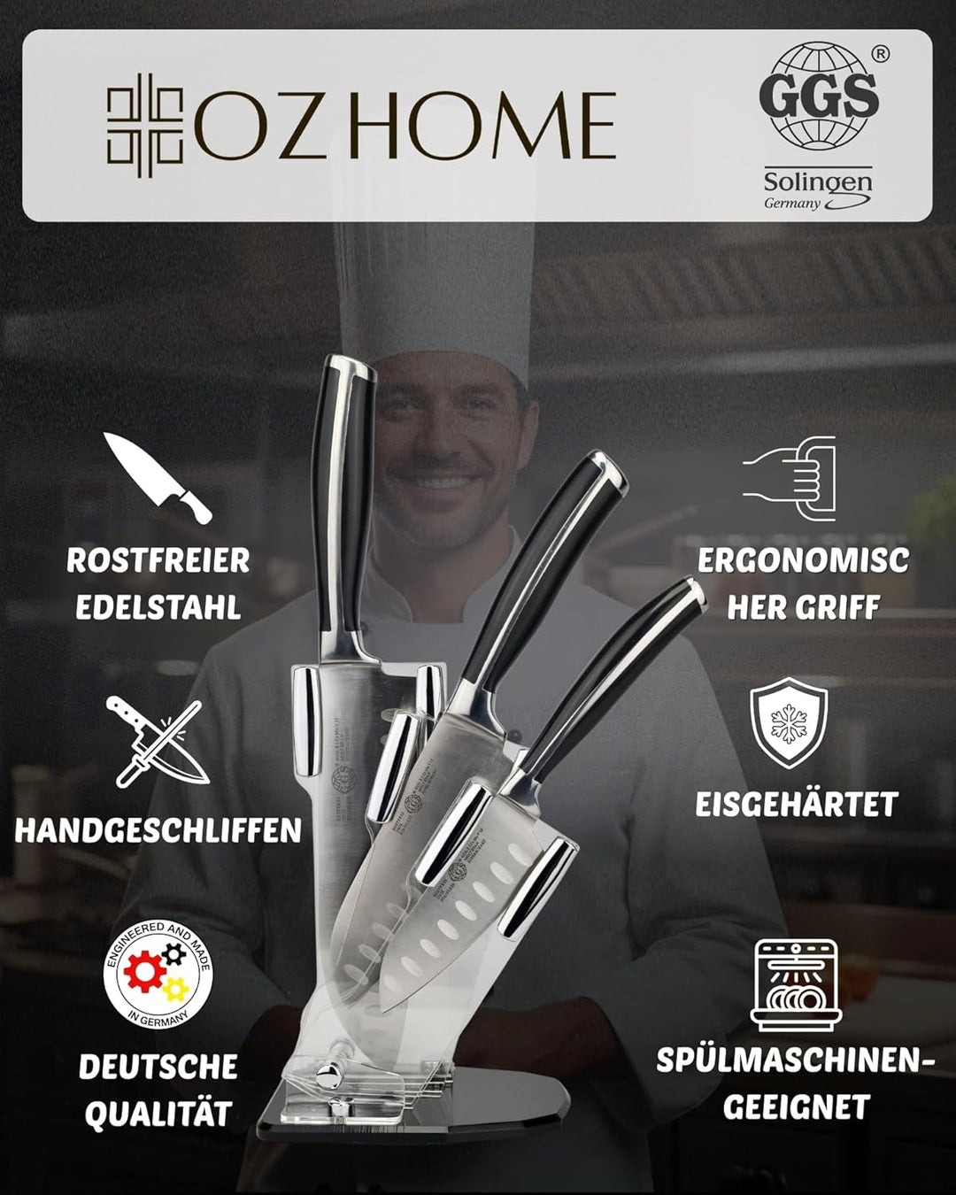 GGS Solingen Santoku Messer Set 4-teilig – Küchenmesser Set Edelstahl mit Messerblock, 3 Santokumess
