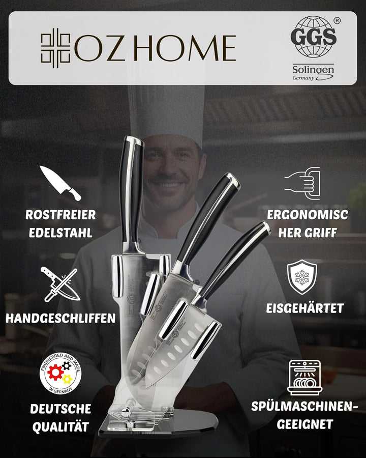 GGS Solingen Santoku Messer Set 4-teilig – Küchenmesser Set Edelstahl mit Messerblock, 3 Santokumess