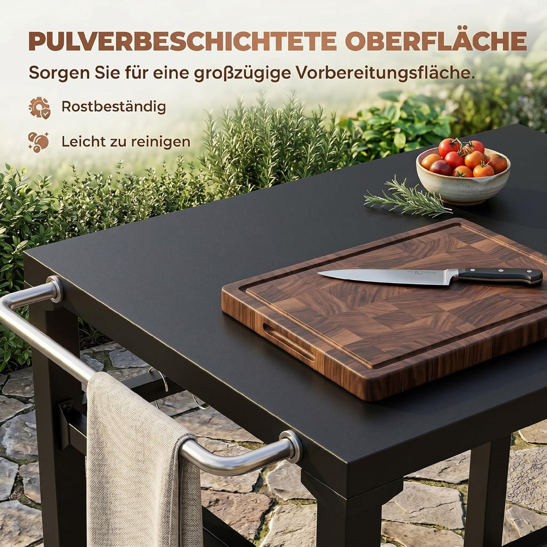 Outsunny Grillwagen 2-Etagen Grilltisch mit Metalloberfläche, Griff und Haken, mobiler Servierwagen