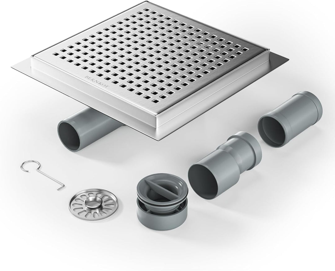Bernkot Duschrinne Quadrat 20 * 20cm, 360° Siphon mit Geruchsstop und Haarsieb Edelstahl Ablaufrinne