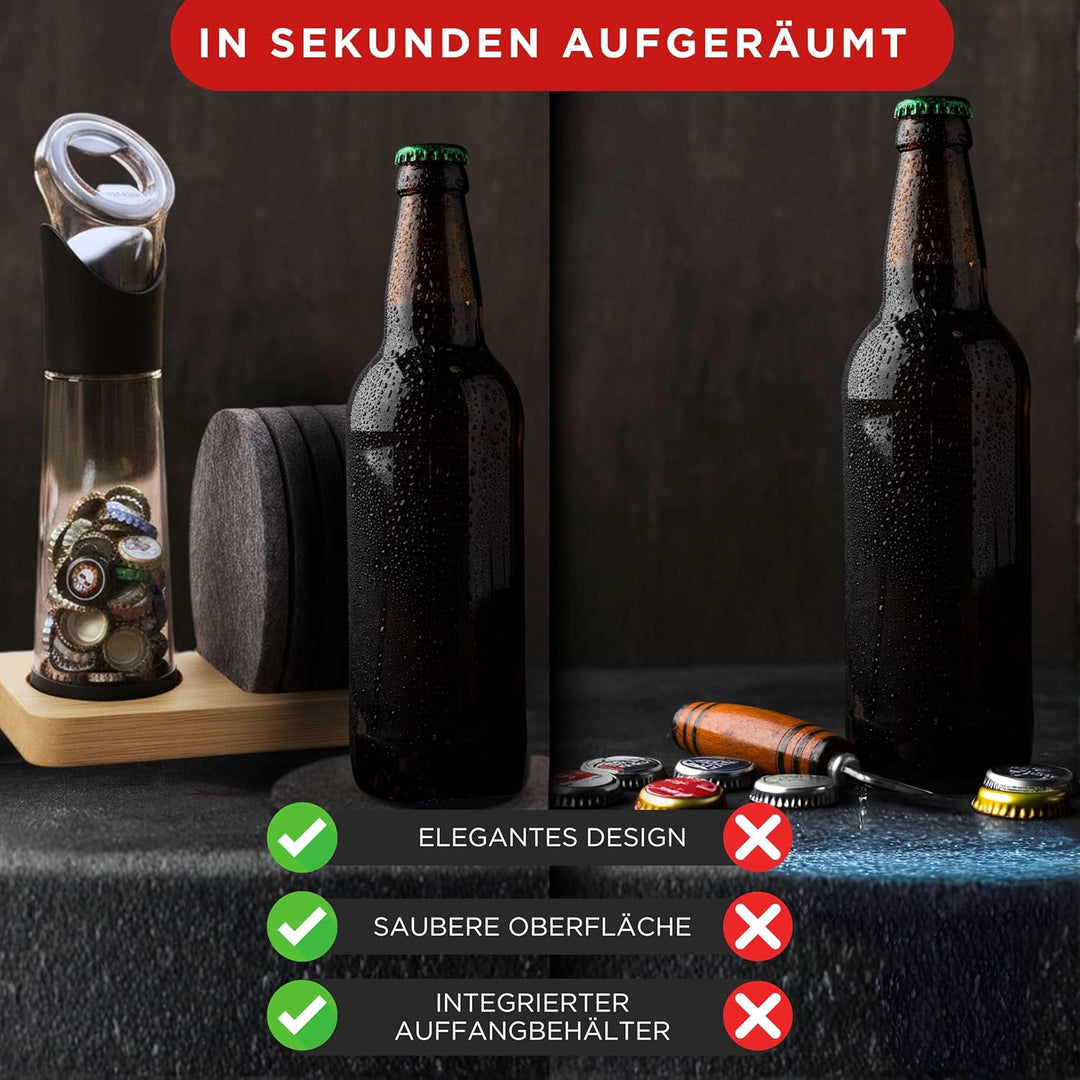 wortek Flaschenöffner mit Auffangbehälter + Filz Untersetzer Gläser Set mit Halterung Glas Untersetz