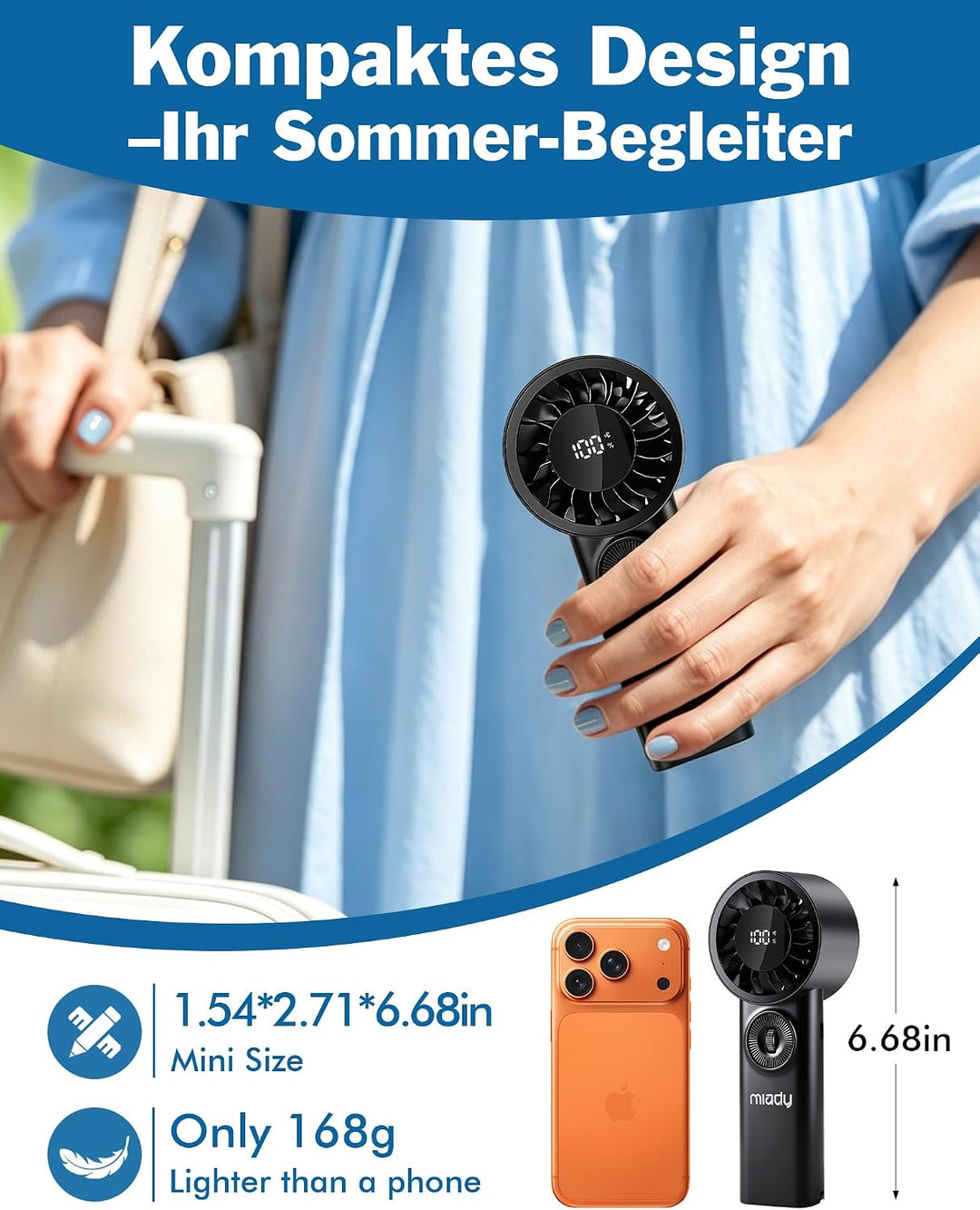 Miady 2 Stück Tragbarer Handventilator,16 Stunden maximale Akkulaufzeit | 3600mAh|USB Wiederaufladba