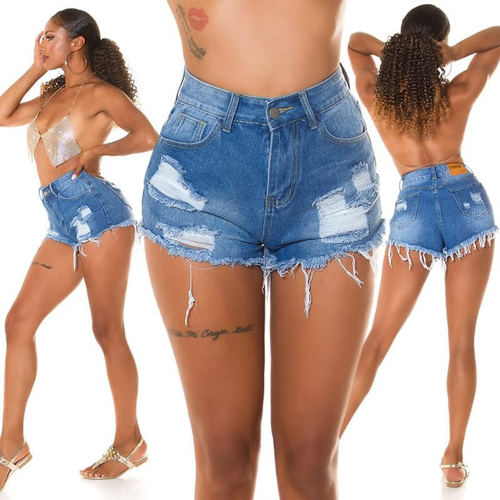 Used Look High Waist Jeans Shorts mit Löcher M M Blau, M Blau