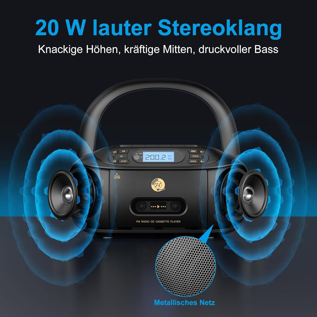 Hernido CD-Player mit Kassette, CD Boombox mit Bluetooth, UKW-Radio, Eingebauten Stereo-Lautsprecher