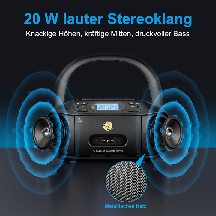 Hernido CD-Player mit Kassette, CD Boombox mit Bluetooth, UKW-Radio, Eingebauten Stereo-Lautsprecher