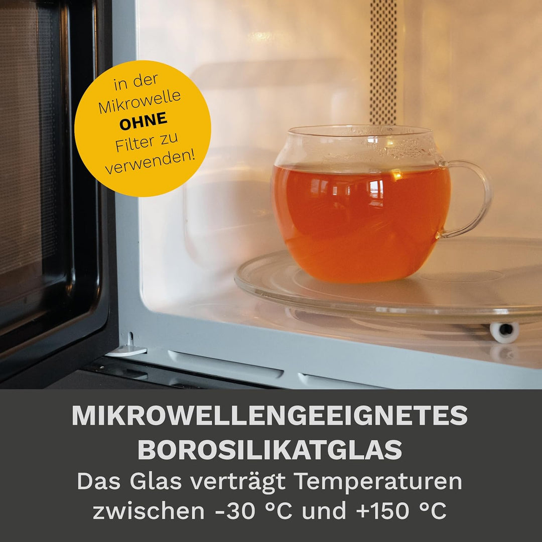 Creano Jumbo Tee-Tasse XXL mit Henkel und integriertem Edelstahlsieb, Glas-Deckel und Untertasse | 4
