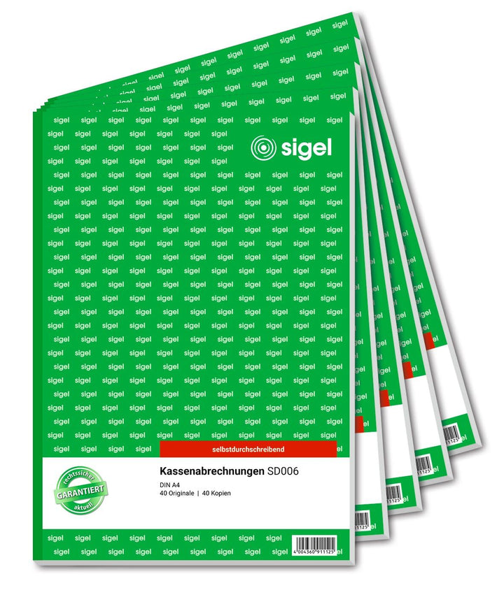 SIGEL SD006/5 Kassenabrechnungen A4, 2x40 Blatt, selbstdurchschreibend, 5er Pack 5 Stück, 5 Stück