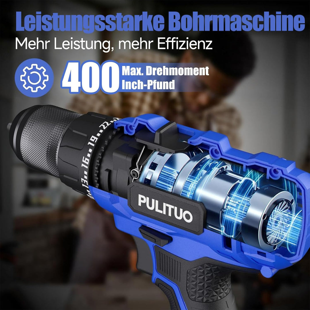 PULITUO Akkuschrauber Set, 20V Akku Bohrschrauber mit 2×2,0Ah Akkus, 45 Nm, 25+1 Drehmomentstufen, 1