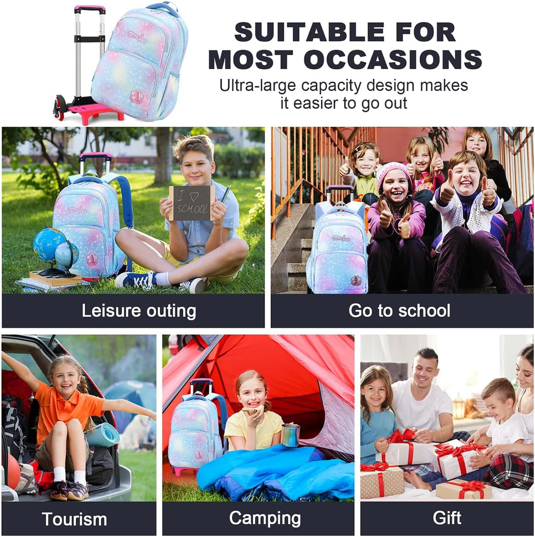 Voici et Voila 3PCS Schulrucksack Rollen Mädchen Trolley Rucksack mit Rollen Mädchen Teenager Schult