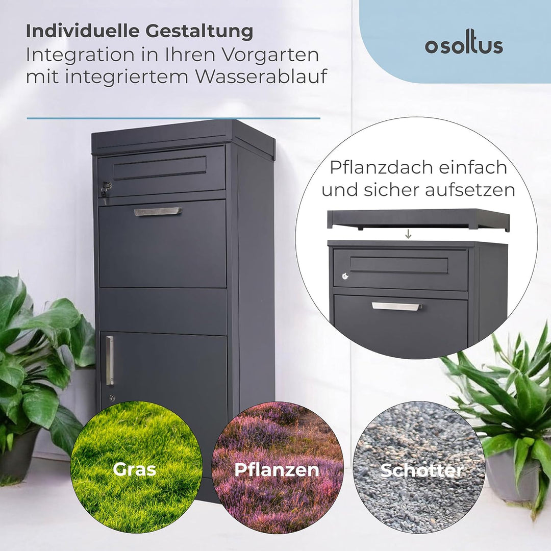 Paketbox mit Zeitungsfach abschliessbar | moderner Standbriefkasten Metall | Postkasten pulverbeschi