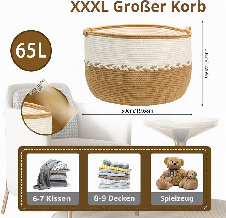 Grosser Wäschekorb aus Baumwolle XXL, Geflochtener, faltbarer &amp; waschbarer Aufbewahrungskorb für Wäs