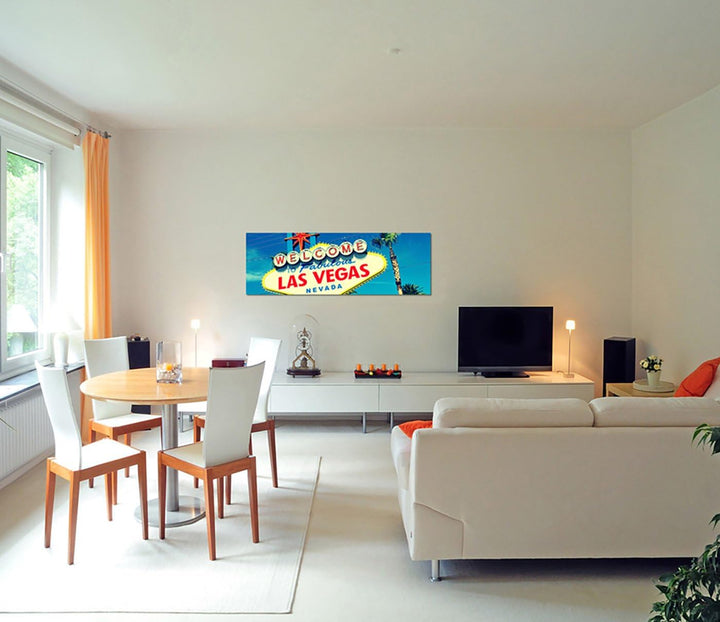 Panoramabild auf Leinwand und Keilrahmen 150x50cm Las Vegas Schild Reklame Himmel Palmen