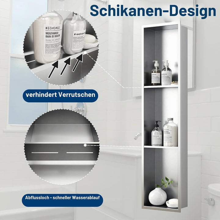 Neodrain Wandnische Dusche Edelstahl Dreifach-Duschnische Wandnische Lagerung für Badezimmer 90x20 c