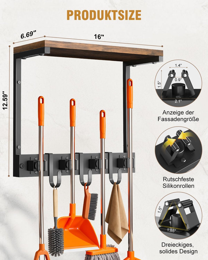 Supforce Besenhalter Wandmontage mit oberer Holzablage, robuster Gerätehalter aus Metall für Reinigu