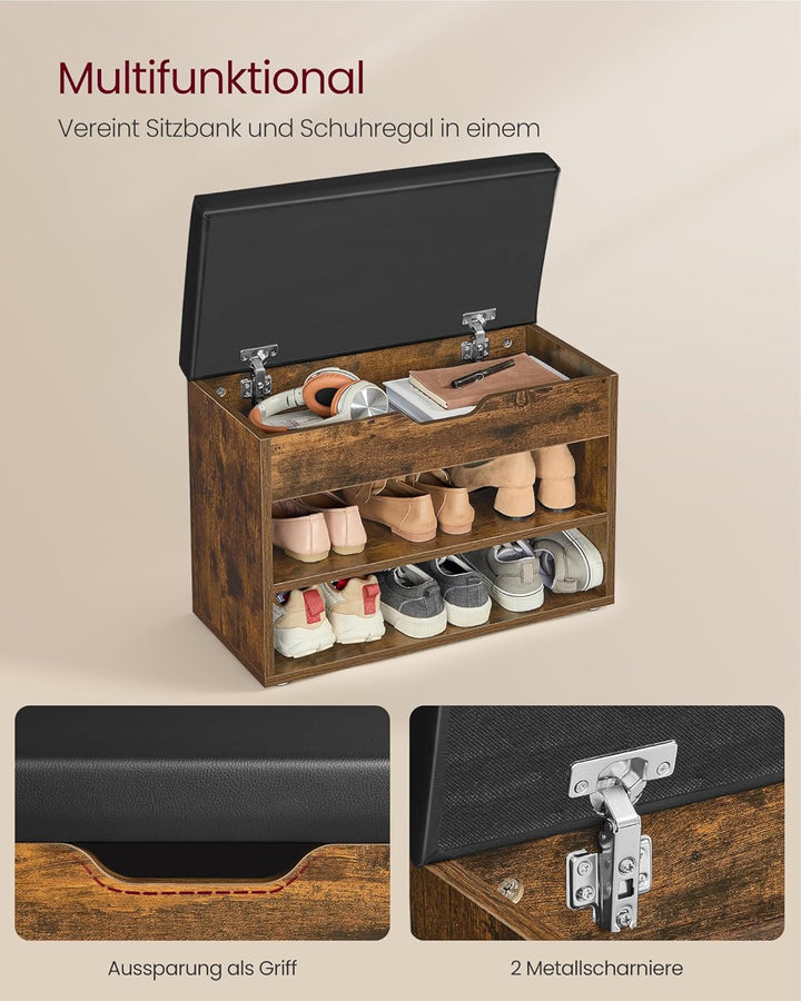 VASAGLE Schuhbank, Sitzbank, Schuhregal mit gepolstertem Kissen, Schuhorganizer mit 3 Ebenen, 30 x 6
