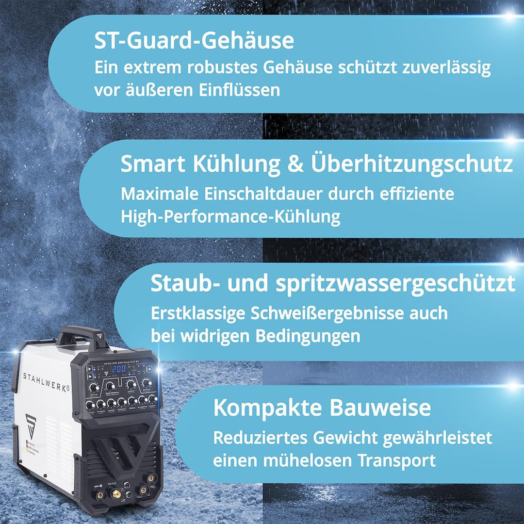 STAHLWERK Schutzgasschweissgerät 3-in-1 AC/DC WIG 200 Puls CUT ST bis 200 A | WIG & MMA, Plasmaschne