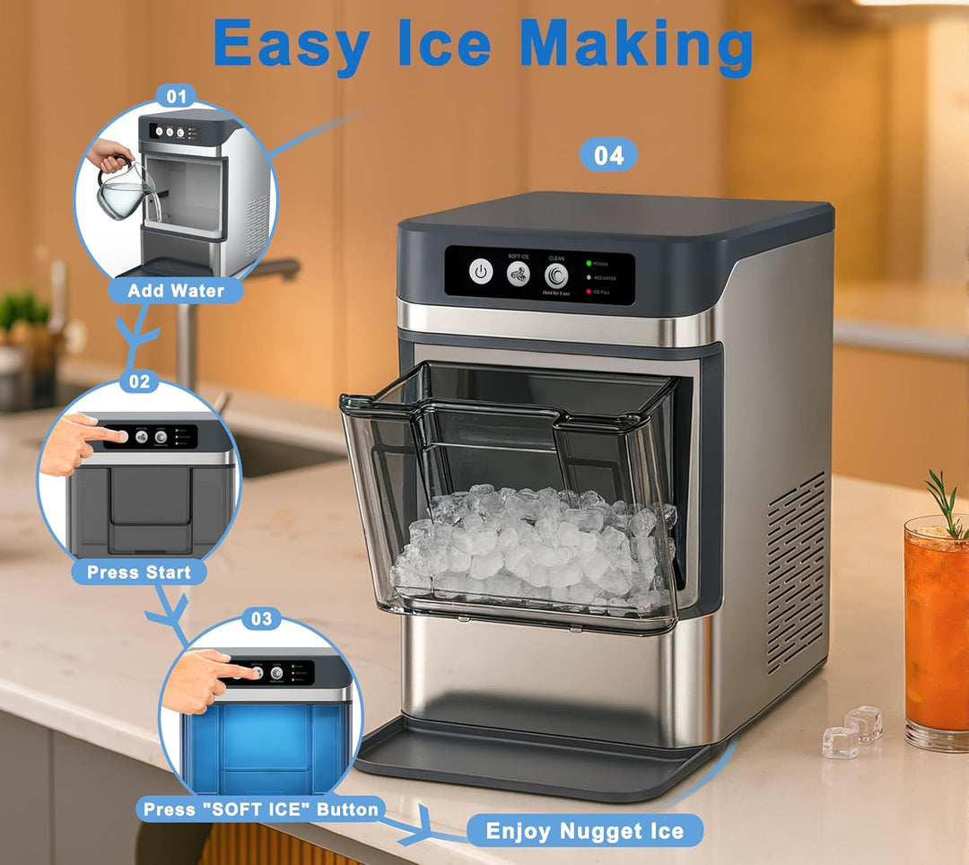 Nugget lce Maker Machine,Chewable Pellet Ice Machine,Self-Cleaning,One-Click Operation,for Home/Kitc