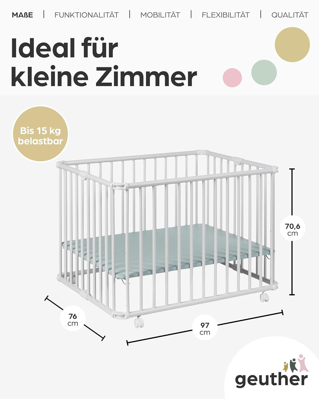 Geuther Laufgitter Lucilee 76x97 cm I höhenverstellbar I werkzeuglos montiert I gepolsteter Baby-Lau