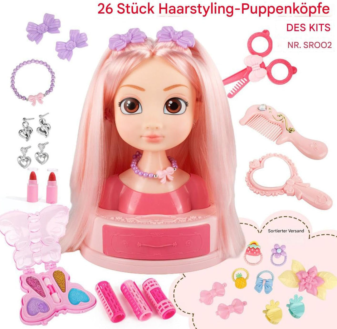 Mädchen Beauty-Salon Set | Puppenkopf Styling-Set mit Schmink-Kosmetik - Styling Spielzeug Set Mit O